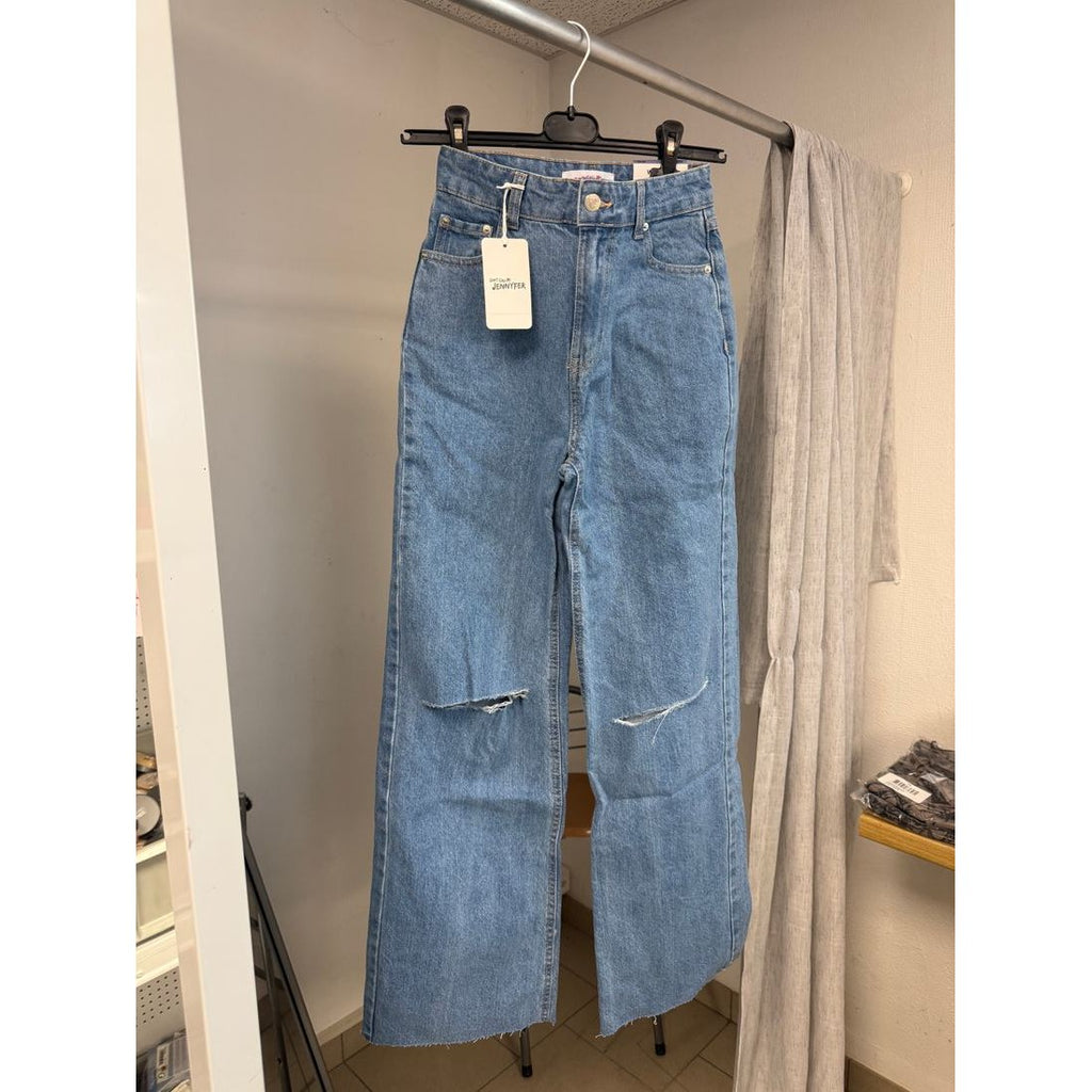 Jean large déchiré taille haute – Bleu délavé clair – vue 2