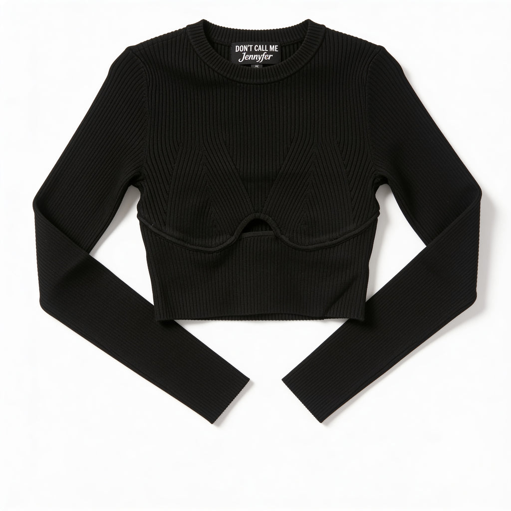Top côtelé noir – détail cache-cœur façon corset, présenté à plat sur fond blanc
