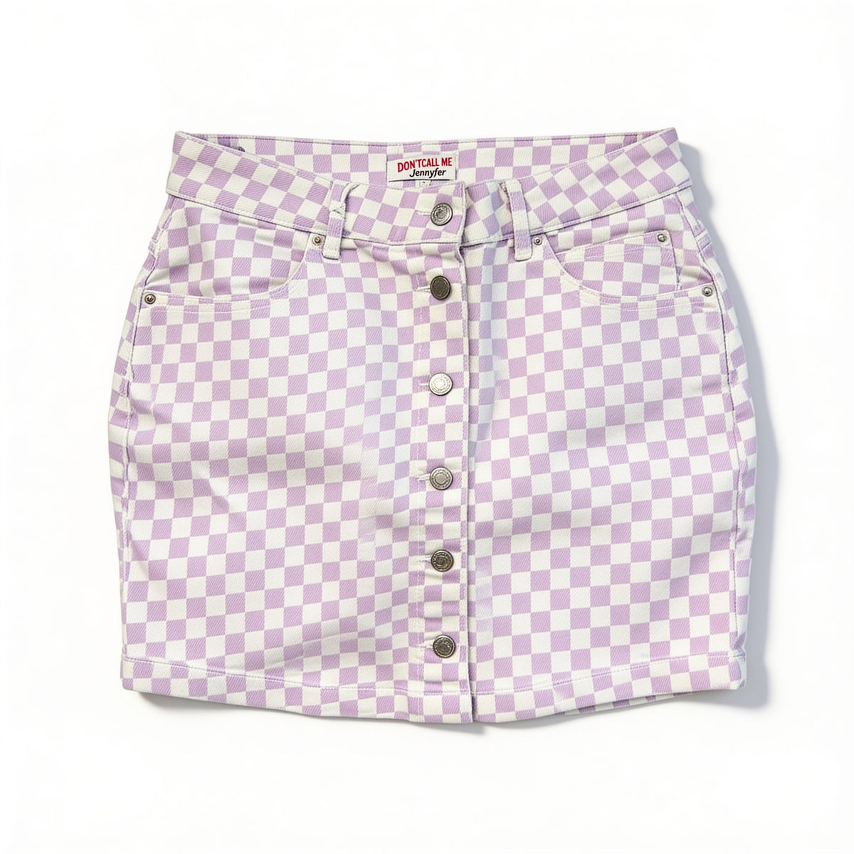 Jupe en jean damier violet parme – boutonnée Jennyfer, présenté à plat sur fond blanc