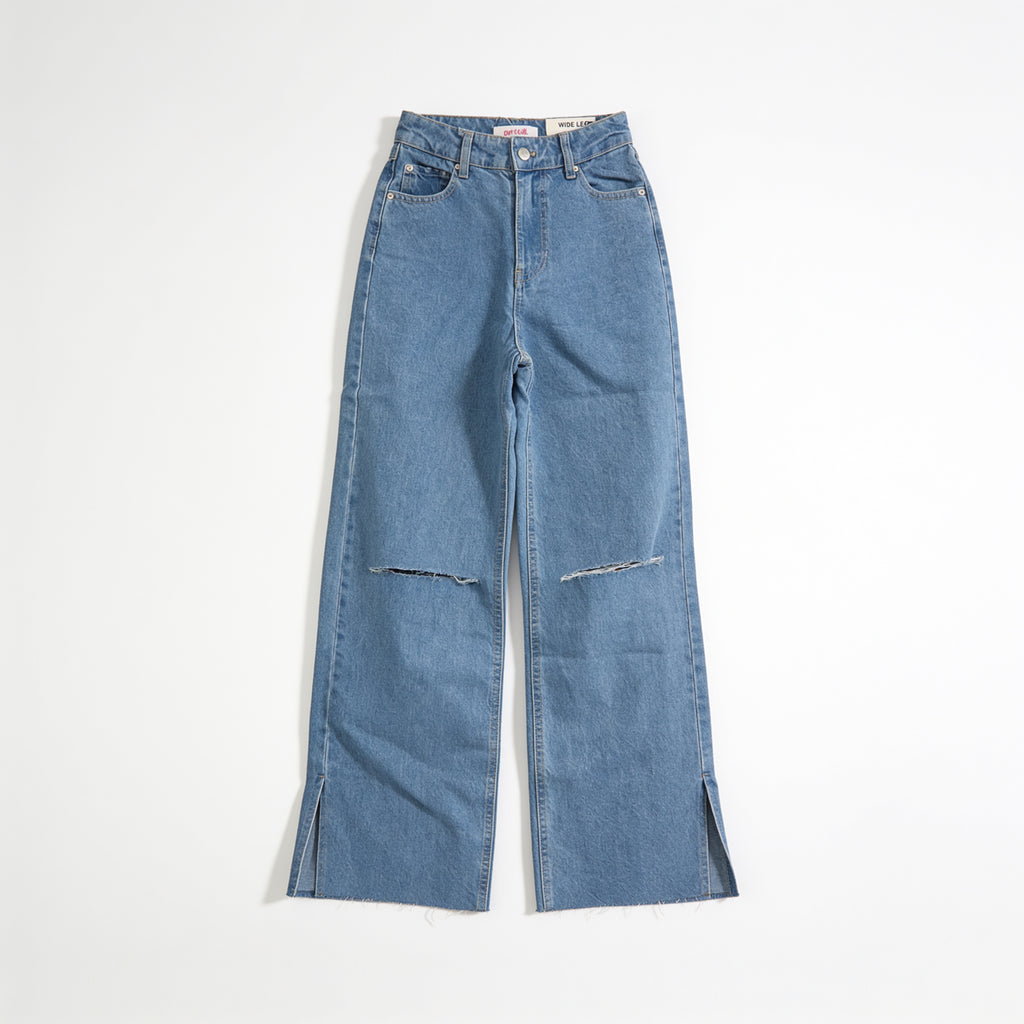 Jean large taille haute – déchirures genoux et ourlet brut, présenté à plat sur fond blanc
