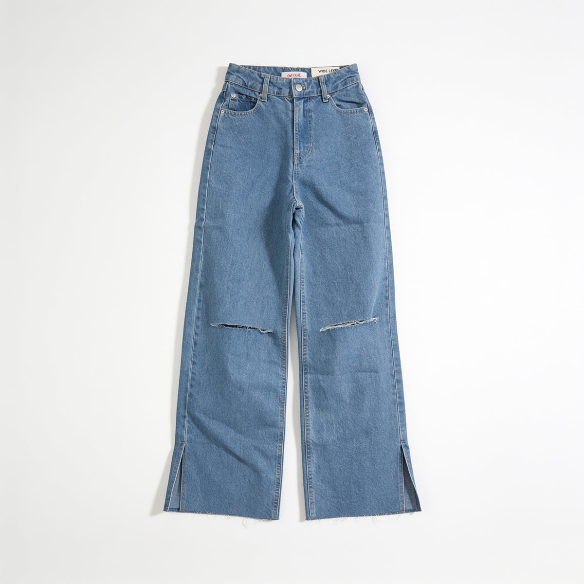 Jean large taille haute – déchirures genoux et ourlet brut, présenté à plat sur fond blanc