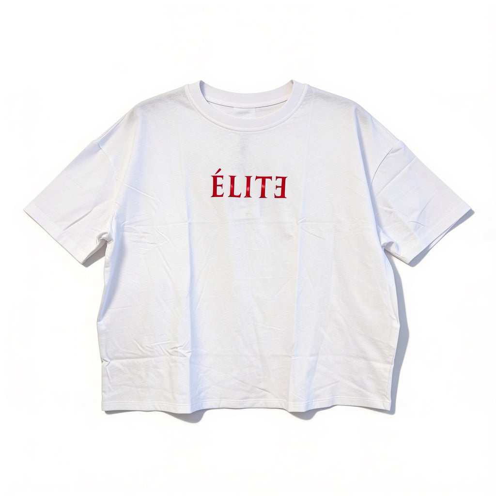 T-shirt oversize blanc – imprimé « ÉLITE » effet miroir, présenté à plat sur fond blanc