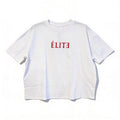 T-shirt oversize blanc – imprimé « ÉLITE » effet miroir, présenté à plat sur fond blanc