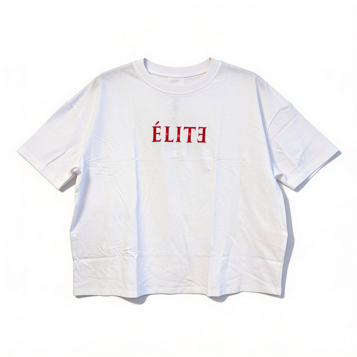T-shirt oversize blanc – imprimé « ÉLITE » effet miroir, présenté à plat sur fond blanc