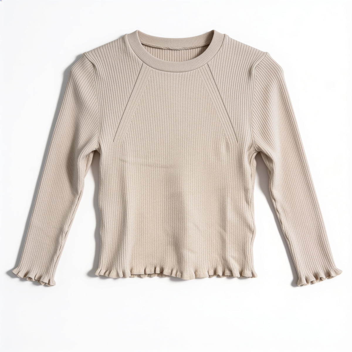 Top côtelé beige – manches à volants froncés Jennyfer, présenté à plat sur fond blanc