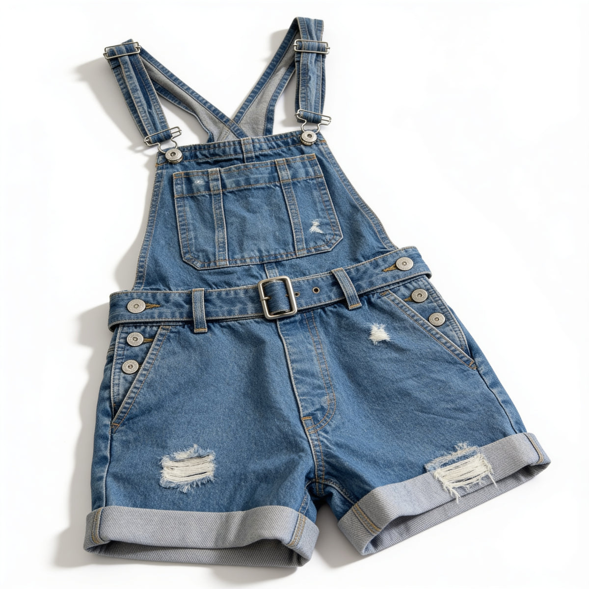 Short salopette en jean délavé – effet destroy Jennyfer, présenté à plat sur fond blanc