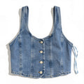 Top corset en jean – bretelles larges et boutons métal, présenté à plat sur fond blanc