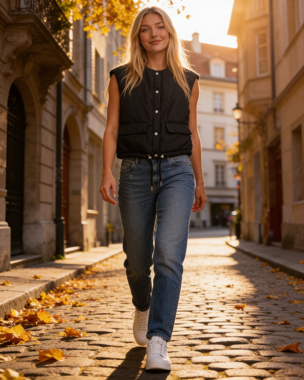 Gilet sans manches matelassé noir coupe cropped Jennyfer, portée en situation