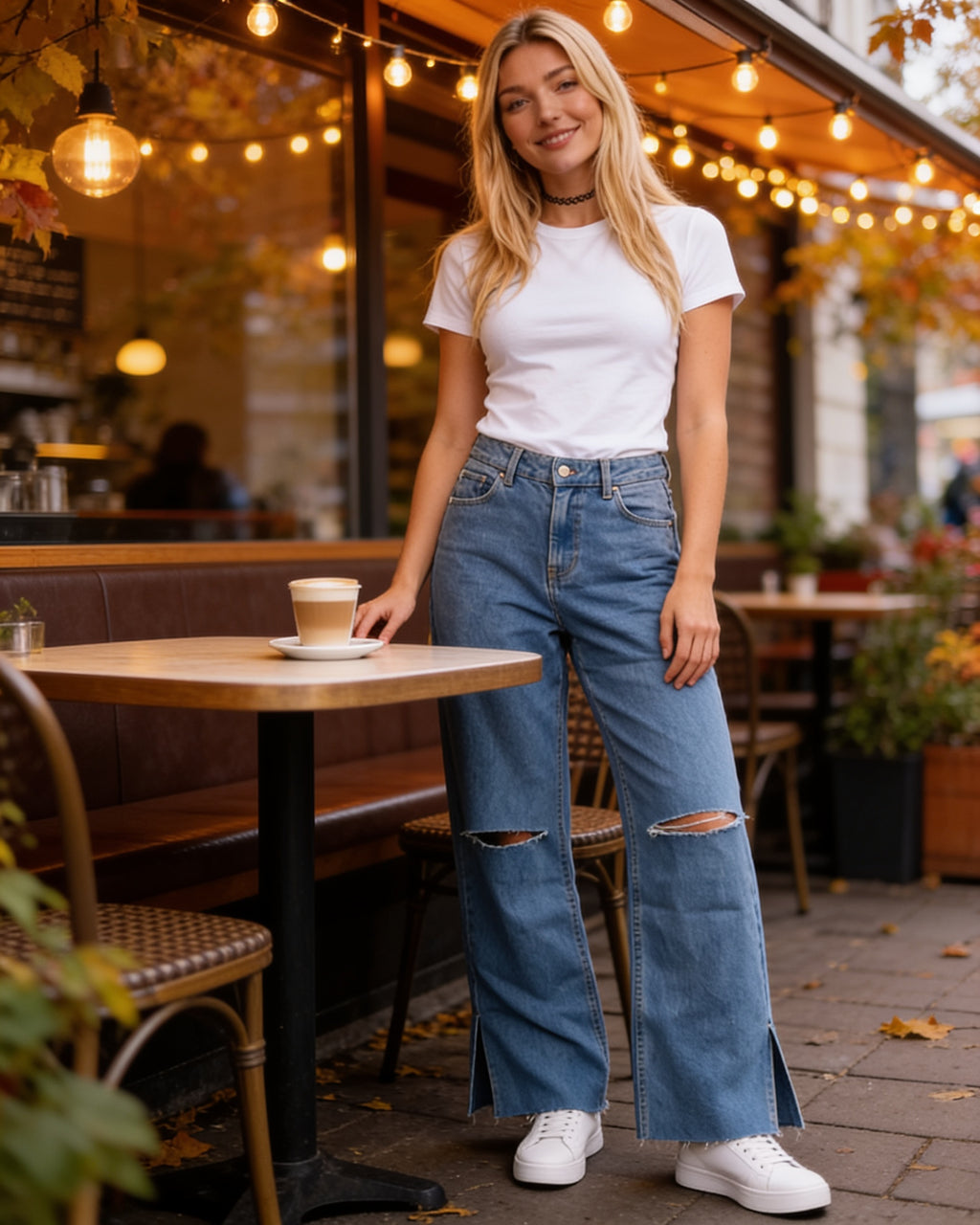 Jean large taille haute déchirures genoux et ourlet brut, portée en situation