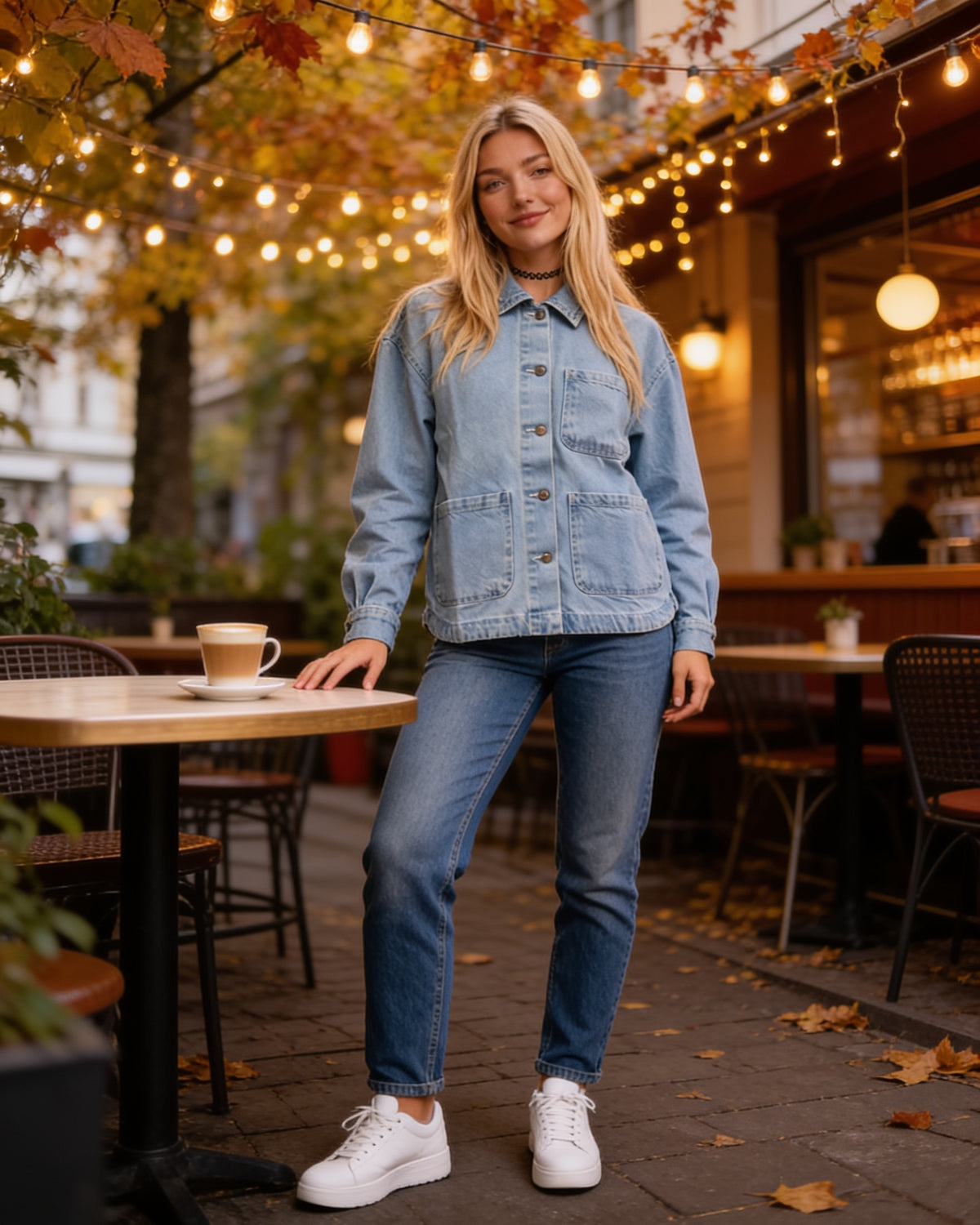 Veste chemise en jean bleu clair délavé coupe oversize Jennyfer, portée en situation