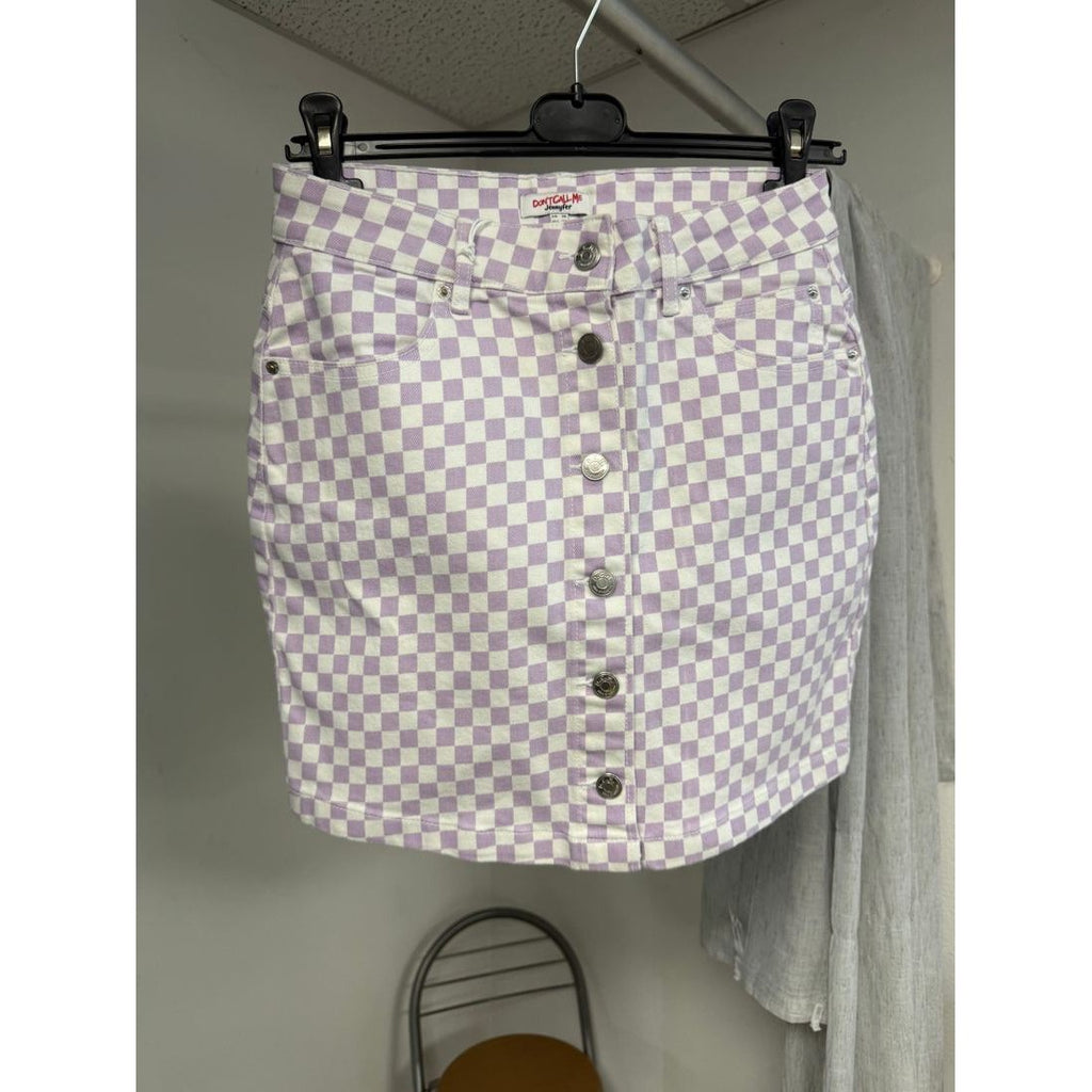 Jupe en jean à damier lilas et blanc – Boutonnée – vue 2
