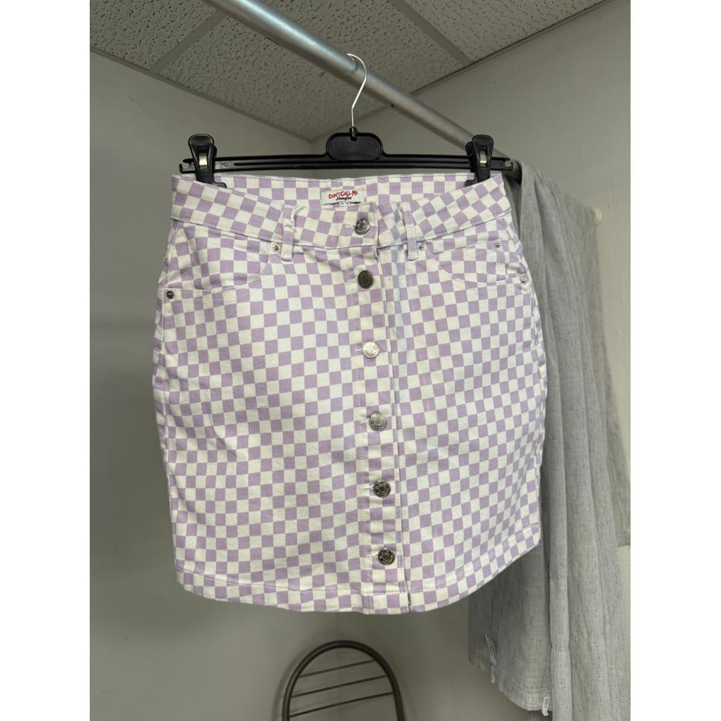 Jupe en jean à damier lilas et blanc – Boutonnée – vue 4