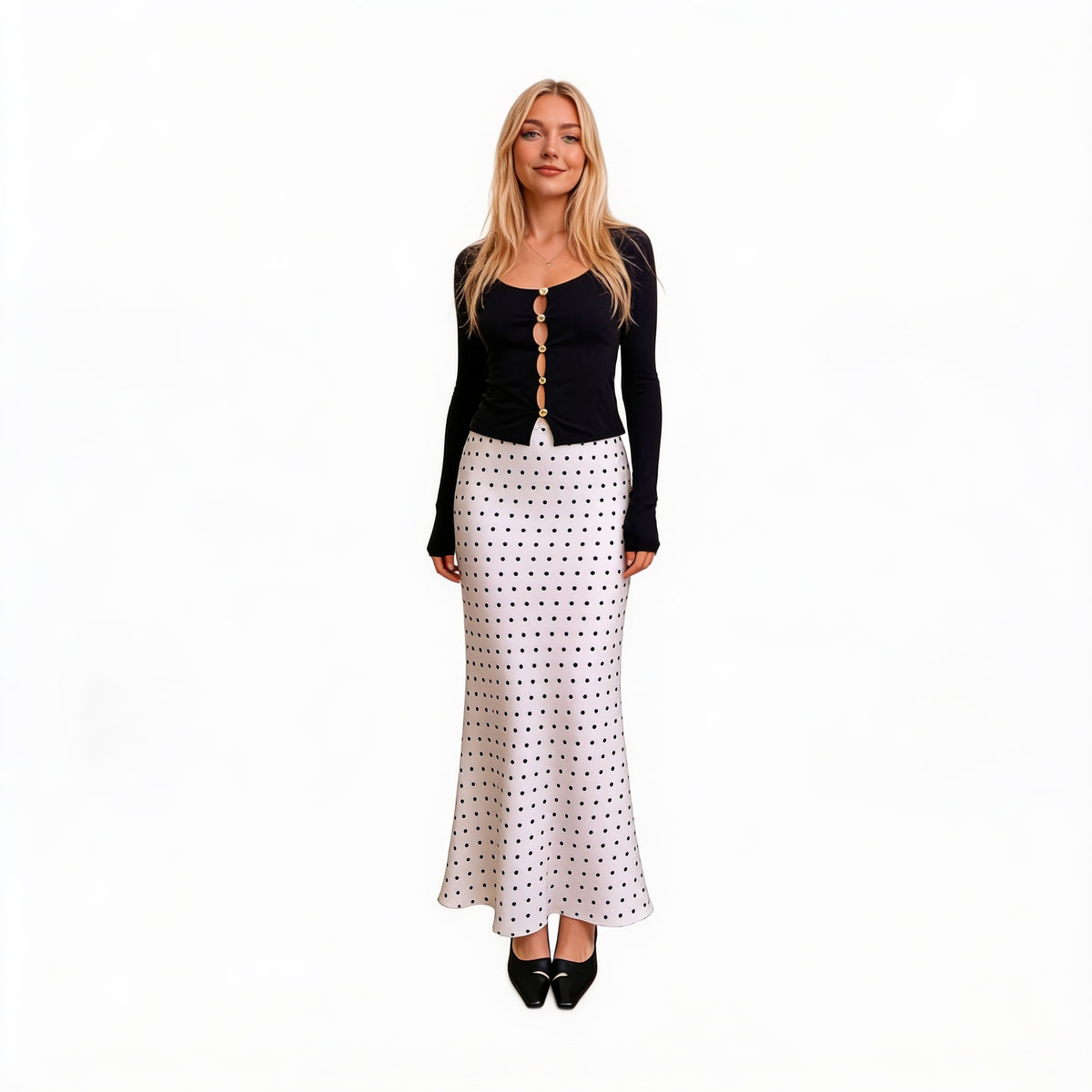 Jupe longue à pois taille haute – Blanc ou noir