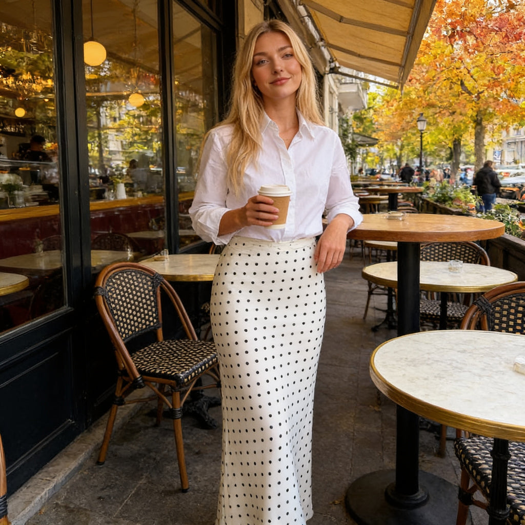 Jupe longue à pois taille haute – Blanc ou noir