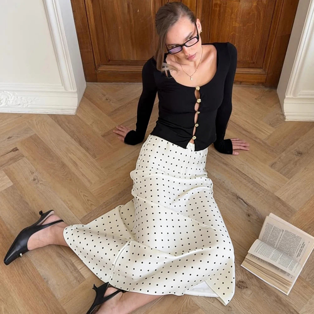Jupe longue à pois taille haute – Blanc ou noir – vue 7 | Les Secrets de Léa