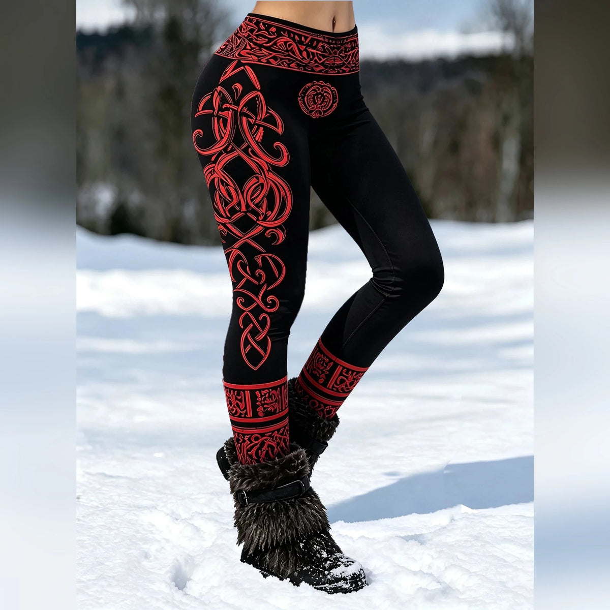 Legging noir à motifs nordiques rouges – Femme – vue 3 | Les Secrets de Léa
