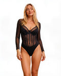 Body noir en tulle à strass, manches longues Esther, portée, fond blanc