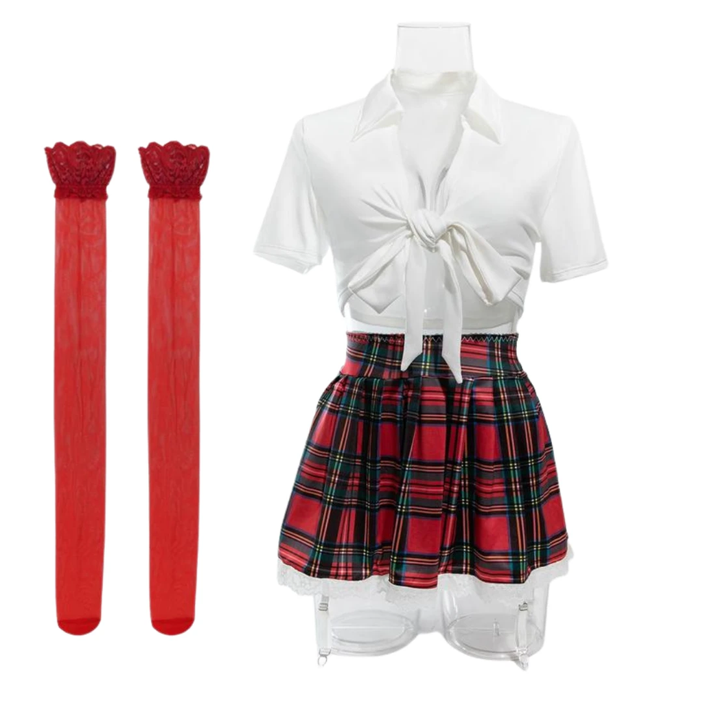 Martine Uniforme Carreaux Rouges Jupe Plissée Et Chemisier Noué - LSDLBoutique
