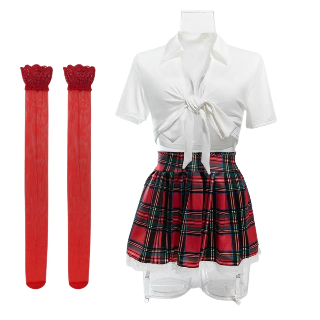 Martine Uniforme Carreaux Rouges Jupe Plissée Et Chemisier Noué - LSDLBoutique