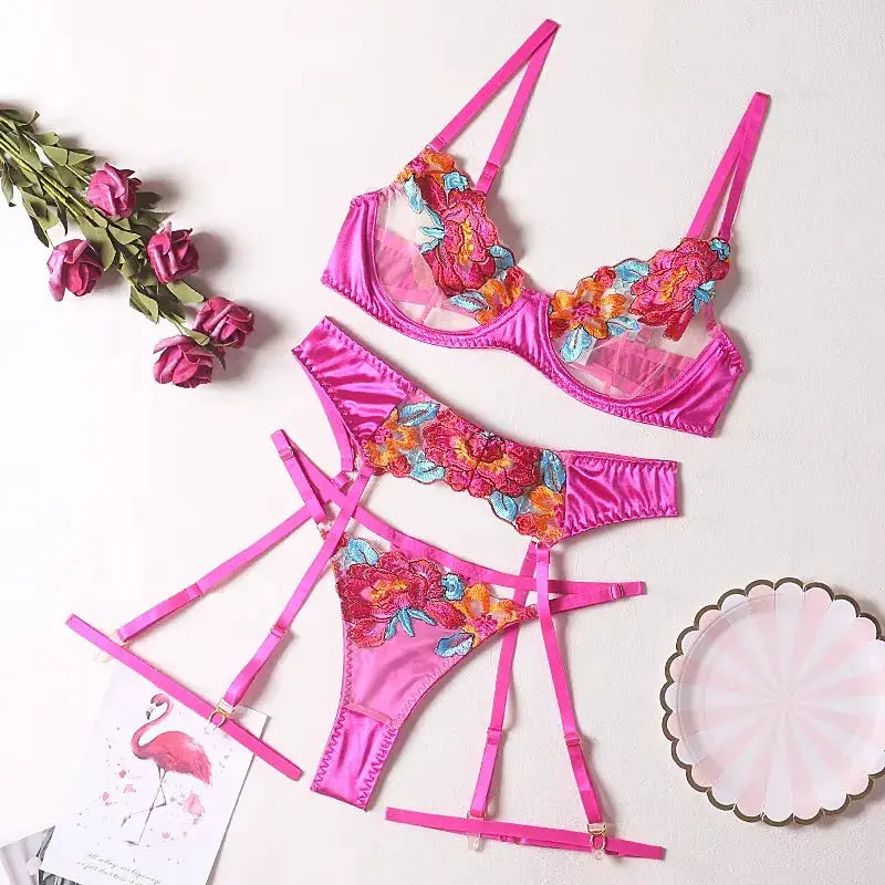 Ensemble lingerie dentelle florale brodée, 3 pièces rose fuchsia: soutien-gorge, string et porte-jarretelles