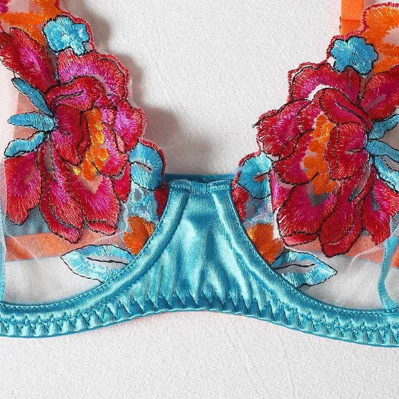 Ensemble lingerie 3 pièces Vahinée: soutien-gorge turquoise à dentelle florale brodée sur tulle, appliqués multicolores