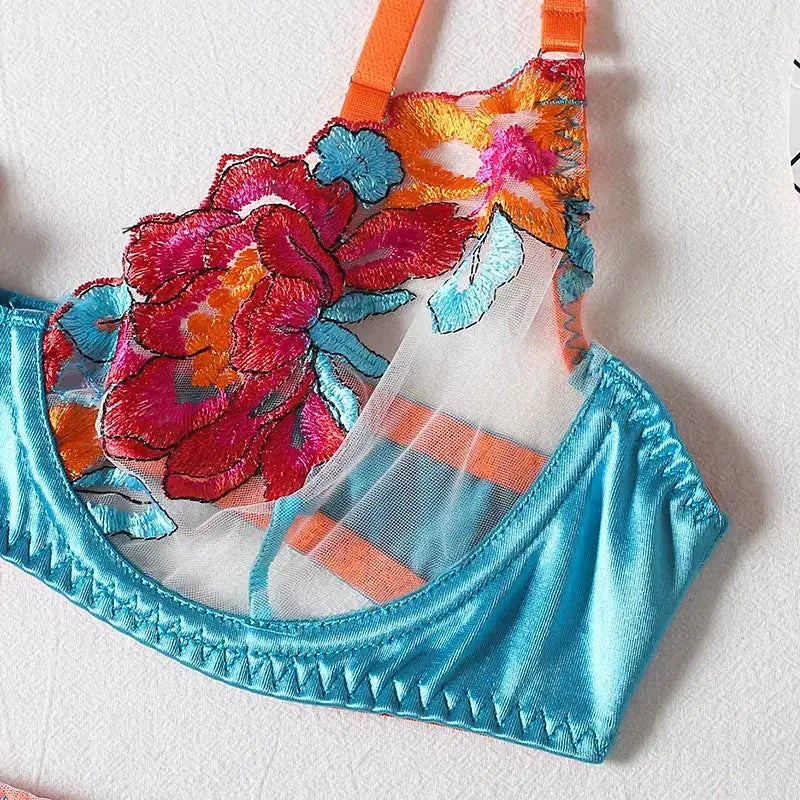Ensemble lingerie 3 pièces LSDLBoutique: soutien-gorge turquoise satin avec tulle et broderie florale multicolore
