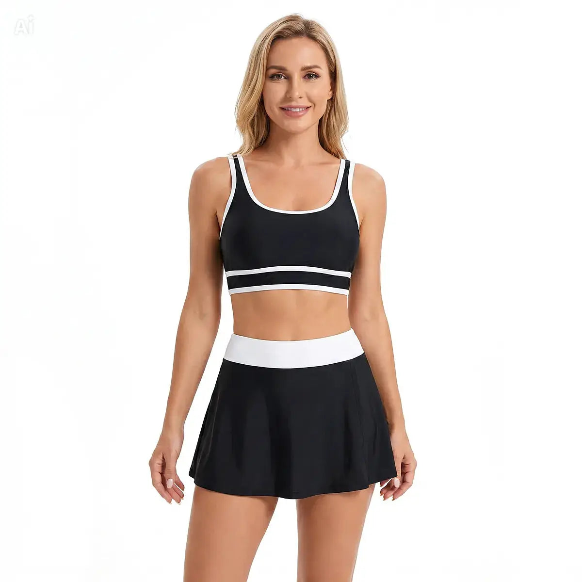Maillot de bain 2 pièces Martina noir avec bordures blanches; brassière et jupe shorty, Les Secrets de Léa