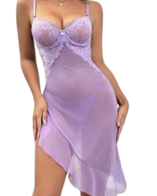 Nuisette Lila en tulle lilas, bonnets en dentelle à armatures et ourlet asymétrique à volant – Les Secrets de Léa