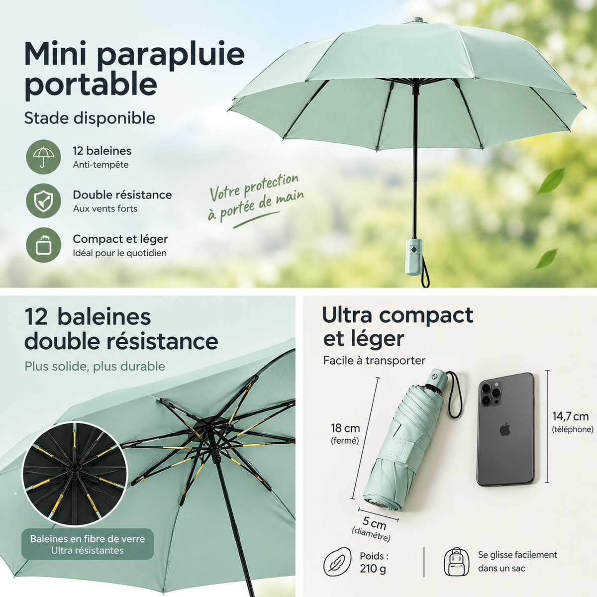 Mini Umbrella Parasol 5-Fold UPF 50+ – 9 Colors