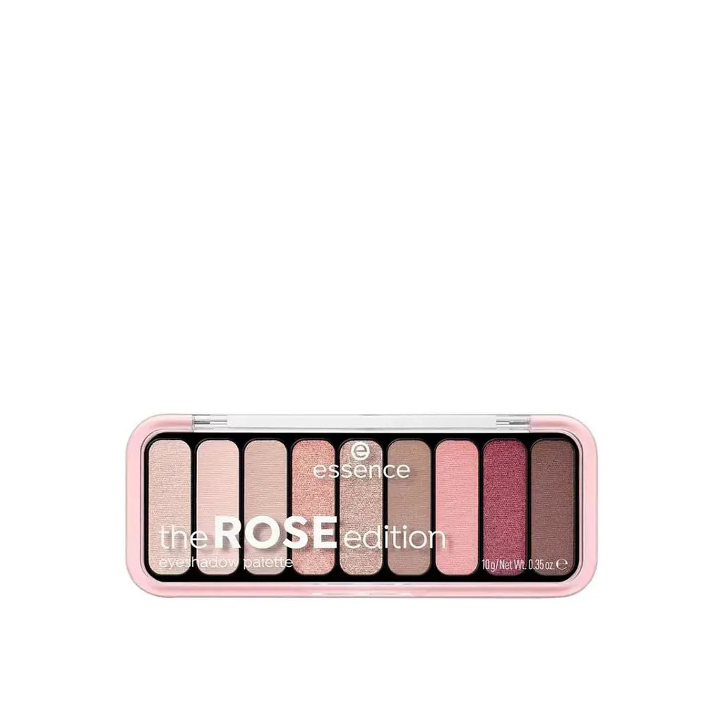 Palette d'ombres à paupières Essence The Rose Edition, coffret rose pastel avec 12 teintes rosées.