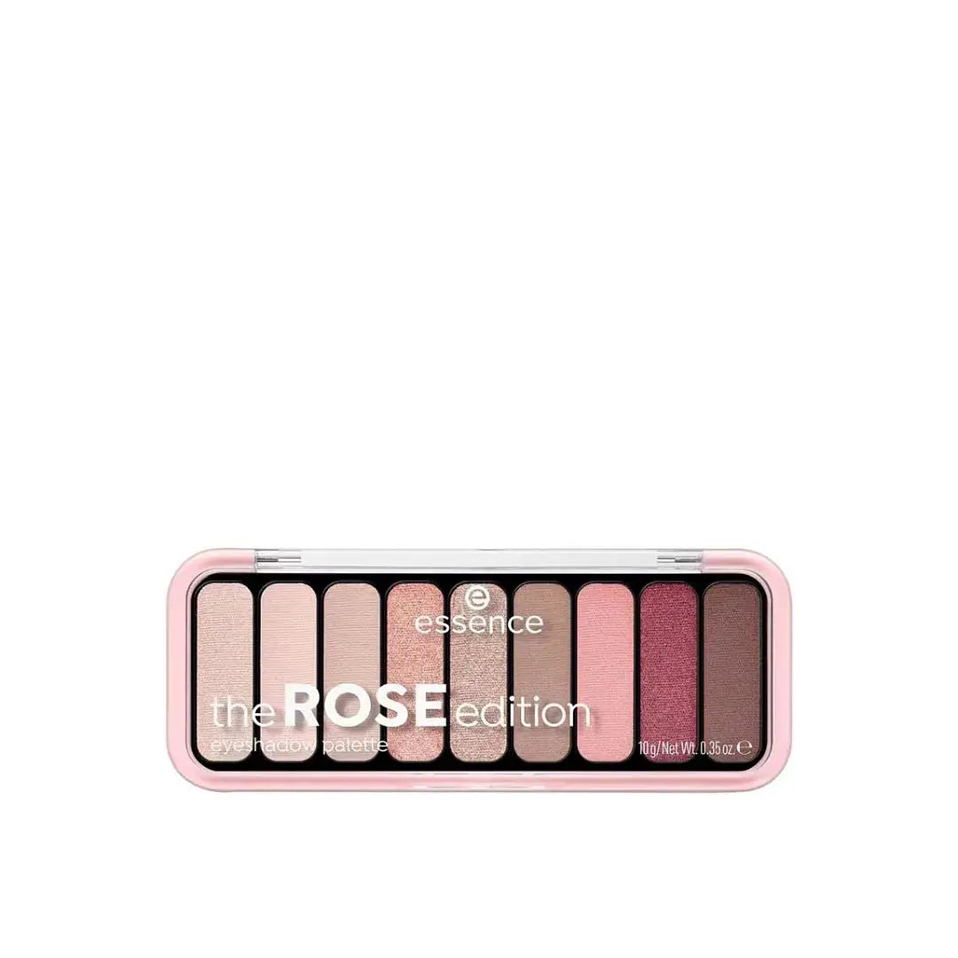 Palette d'ombres à paupières Essence The Rose Edition, coffret rose pastel avec 12 teintes rosées.