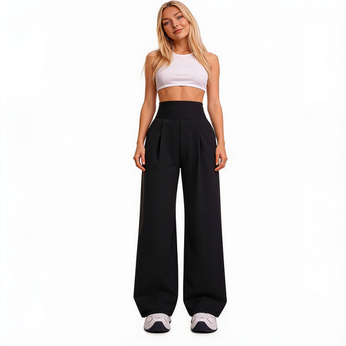 Pantalon large taille haute en maille fluide – Noir