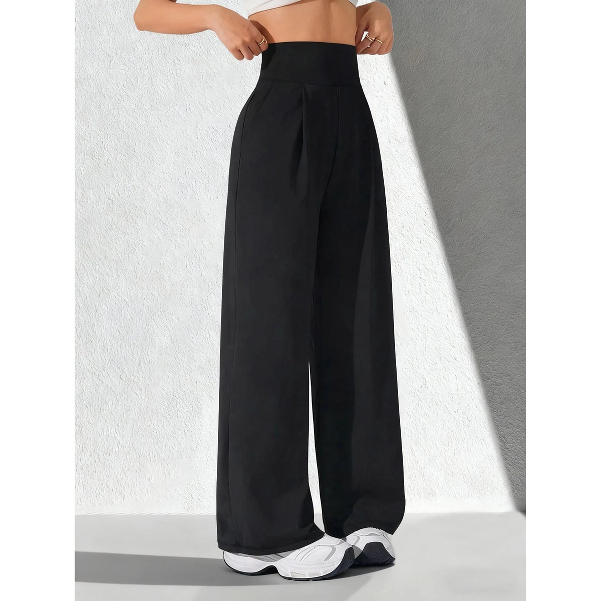 Pantalon large taille haute en maille fluide – Noir – vue 4 | Les Secrets de Léa