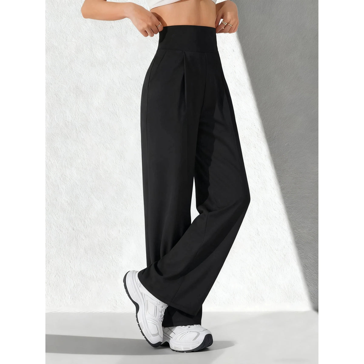 Pantalon large taille haute en maille fluide – Noir – vue 5 | Les Secrets de Léa