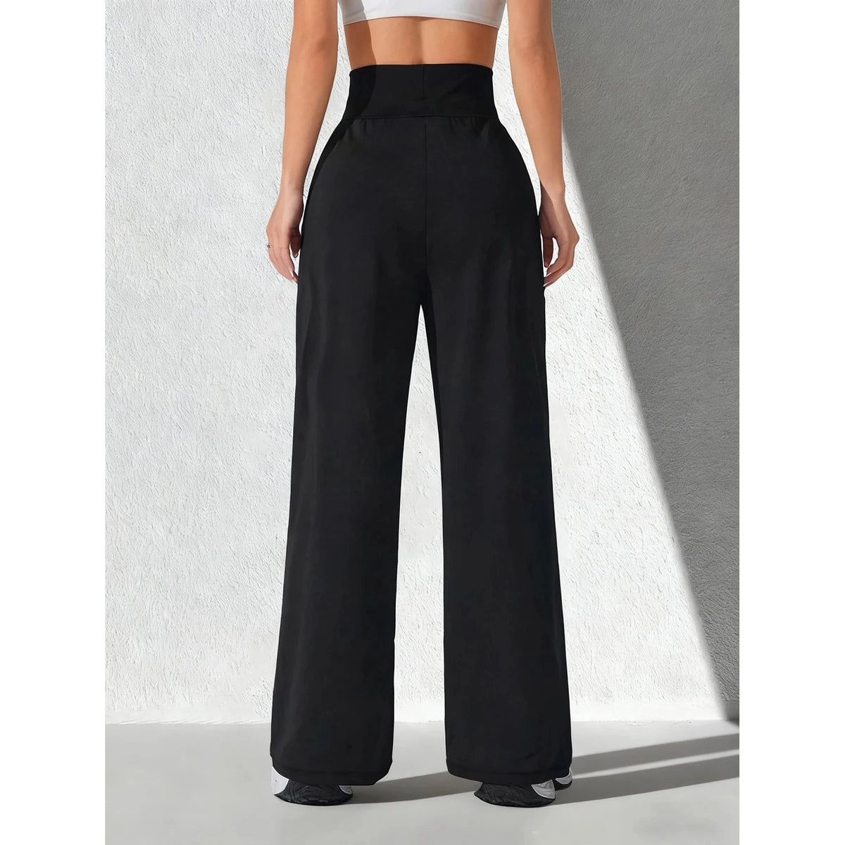 Pantalon large taille haute en maille fluide – Noir – vue 6 | Les Secrets de Léa