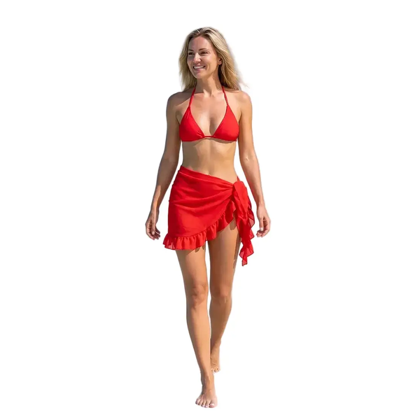 Jupe courte à volants sarong de plage rouge en wrap, nouage latéral et ourlet froufrouté