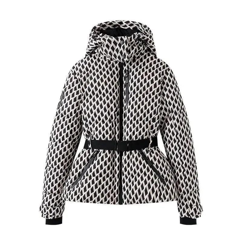 Parka matelassée à capuche et ceinture – 5 coloris – Losanges noir et crème