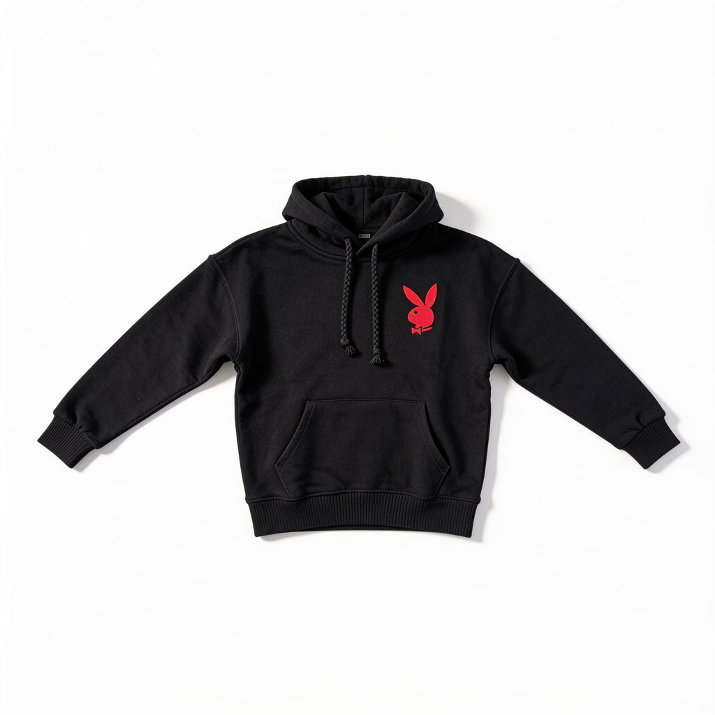 Sweat à capuche Playboy noir présenté à plat sur fond blanc