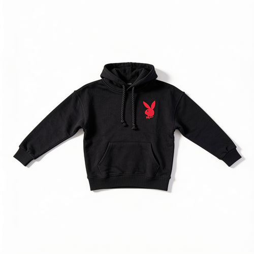 Sweat à capuche Playboy noir présenté à plat sur fond blanc