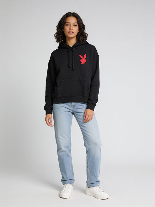 Sweat à capuche Playboy noir porté de face