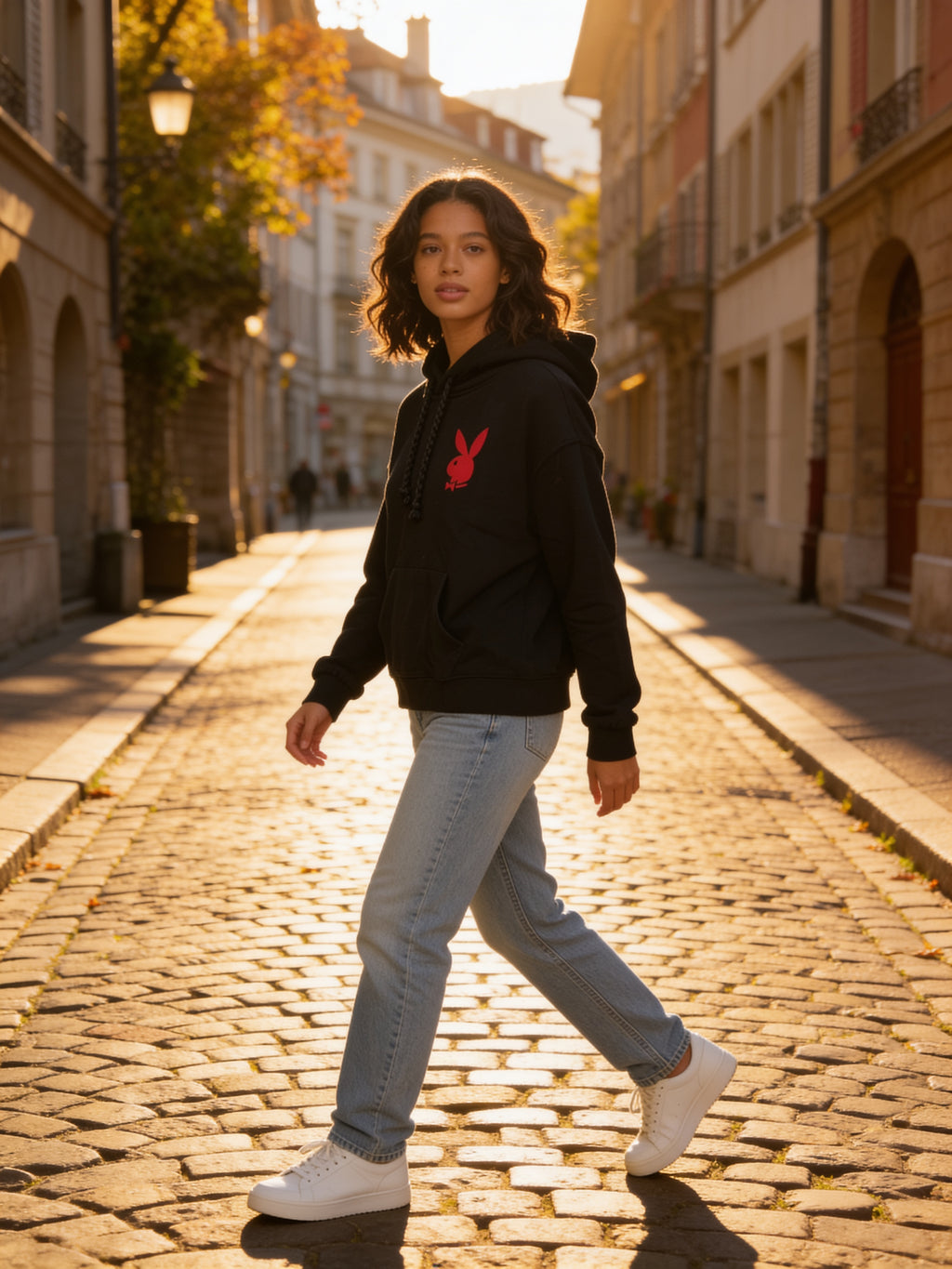 Sweat à capuche Playboy noir porté en situation