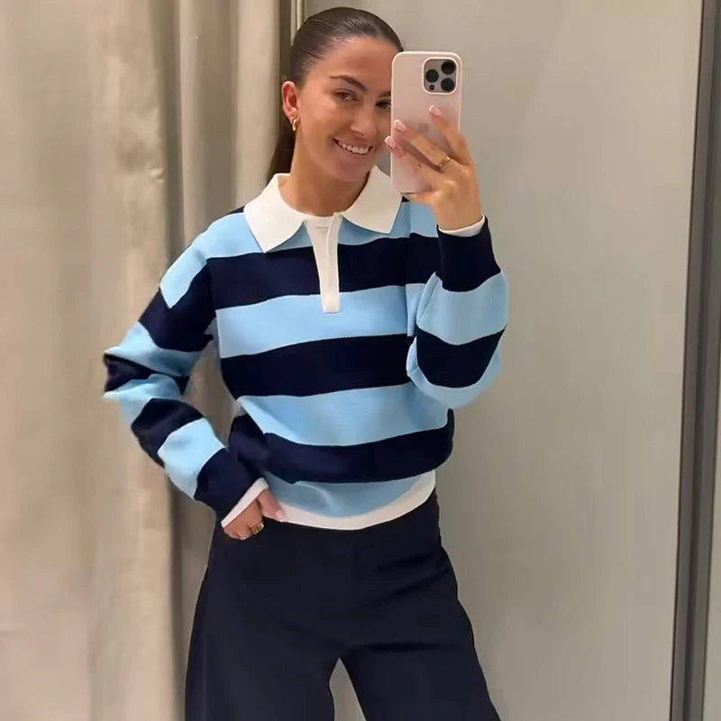 Pull col polo rayé en maille – 8 coloris, S à L – vue 6 | Les Secrets de Léa