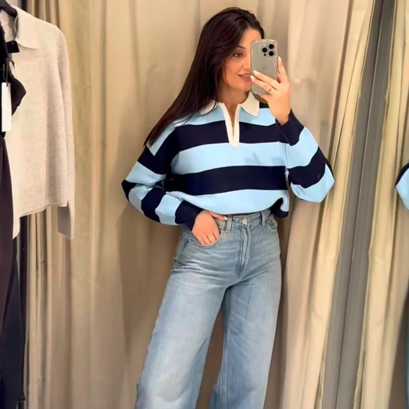 Pull col polo rayé en maille – 8 coloris, S à L – vue 7 | Les Secrets de Léa