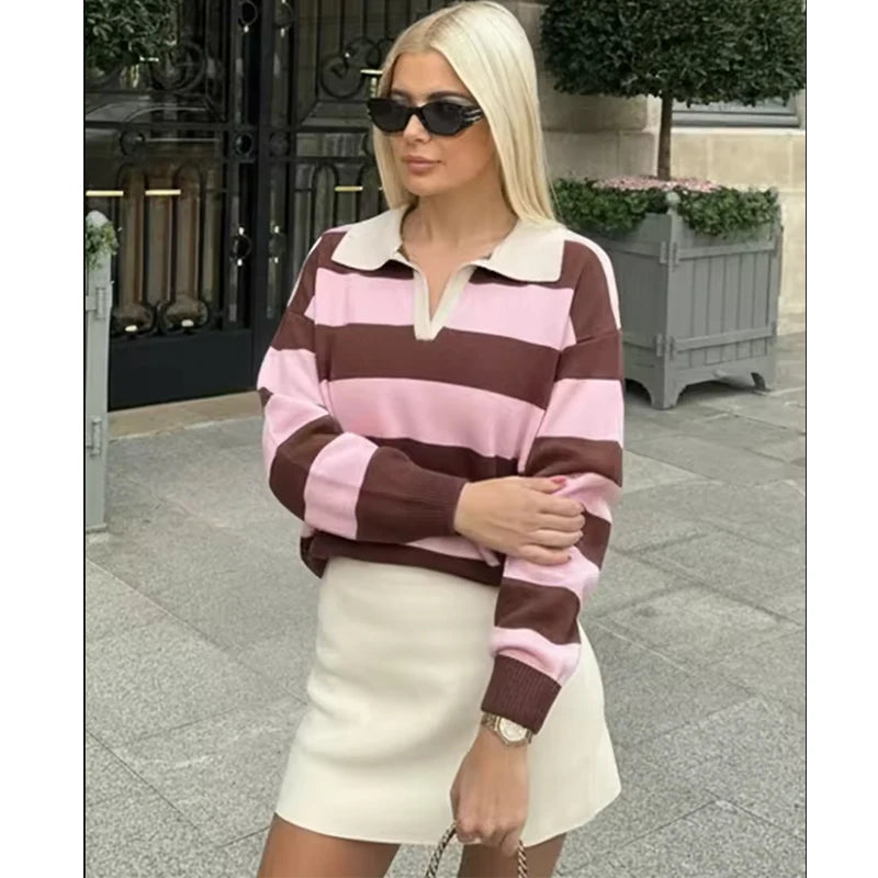 Pull col polo rayé en maille – 8 coloris, S à L – vue 8 | Les Secrets de Léa