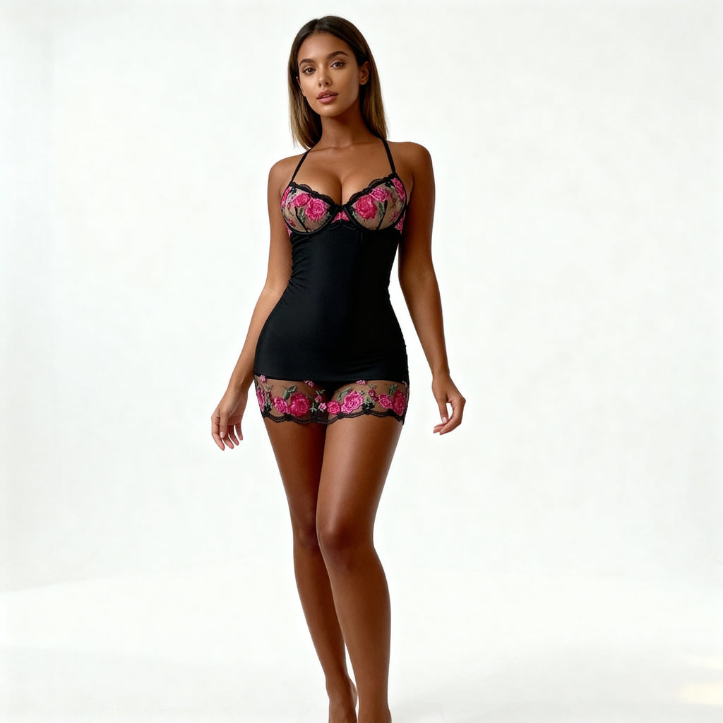 Nuisette noire brodée de roses – Letitia