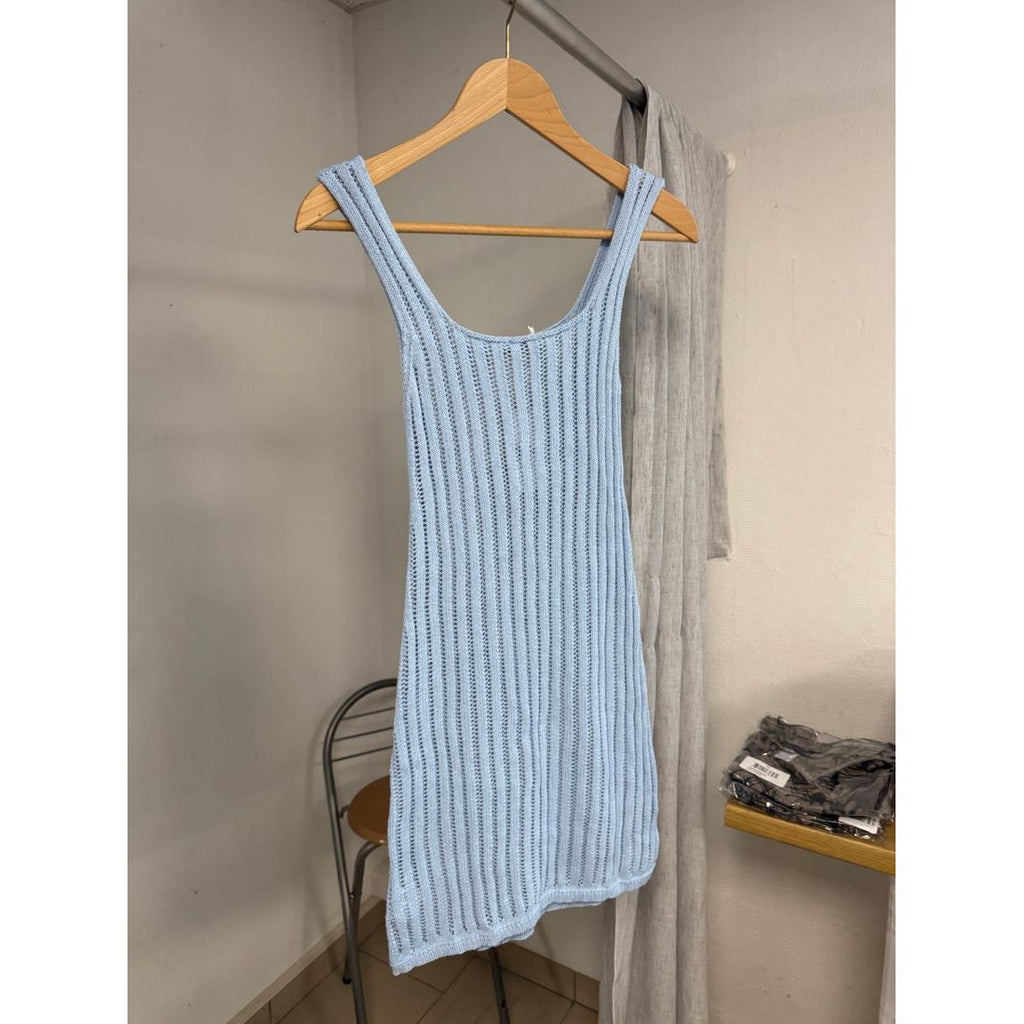Robe débardeur bleu ciel – Maille côtelée ajourée – vue 4