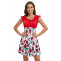 Robe femme manches courtes florale LSDLBoutique, haut rouge et jupe imprimée fleurs sur fond blanc, taille smockée.
