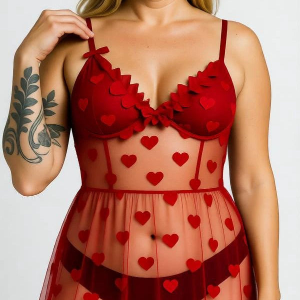 Les Secrets de Léa – nuisette rouge en tulle à cœurs – Valentina - LSDLBoutique