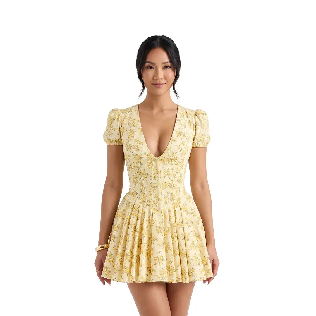 Robe mini plissée à imprimé floral jaune pastel, manches bouffantes et col en V, LSDLBoutique