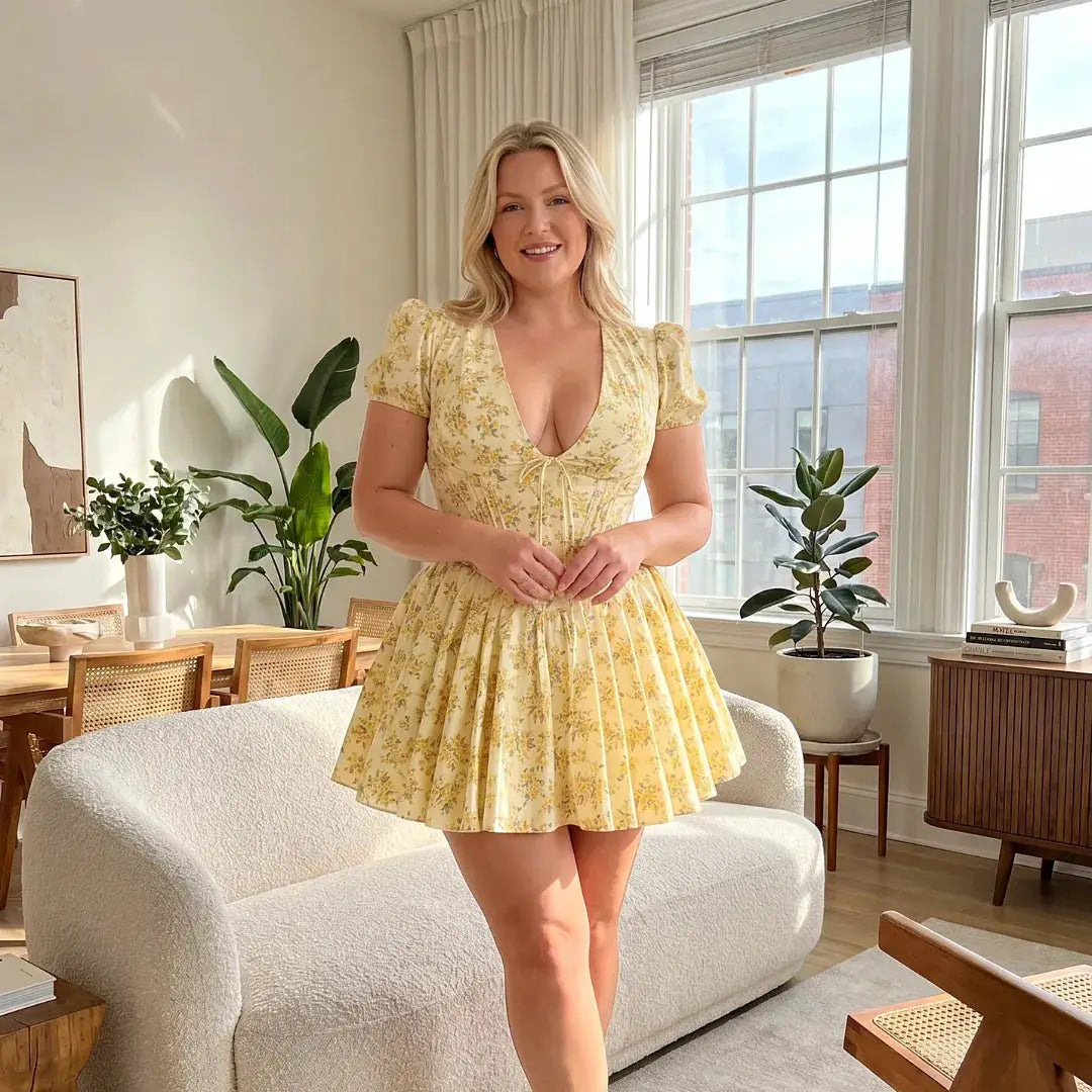 Robe mini plissée à imprimé floral jaune pastel, manches bouffantes, col en V